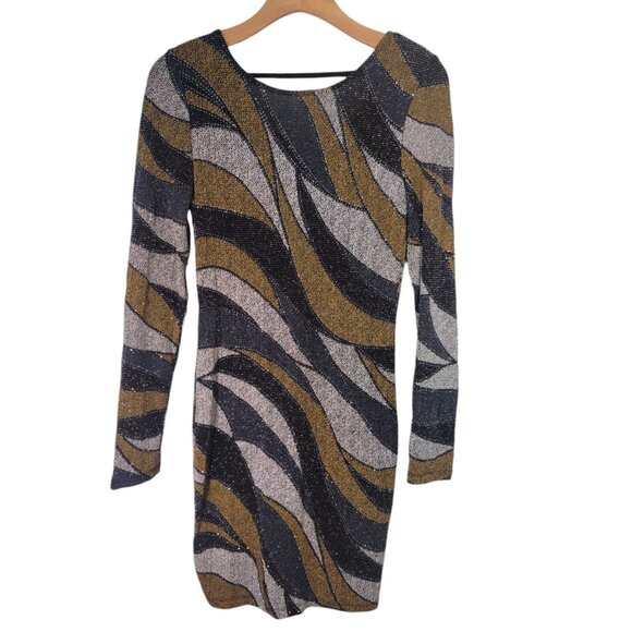 Privy Mini Dress Black Gold Sequin Long Sleeve‎ Open Draped Back Size Small EUC - Picture 1 of 9